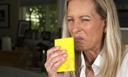 woman smelling stinky sponge